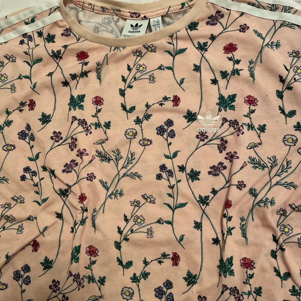 ADIDAS shirt worn once or twice. Pink with flowers and quote on back